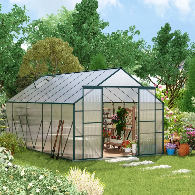 Outsunny 16' x 8' Aluminum Polycarbonate Greenhouse Walk-in Garden Greenhouse Kit with Adjustable Roof Vent, Rain Gutter and Sliding Door for Winter, Green