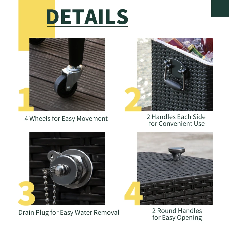 Outsunny 80 Quart Rattan Rolling Cooler Cart Portable Patio Ice Beer Beverage Cooling Bin for Outdoor Party w/ Bottle Opener, Brown Wicker