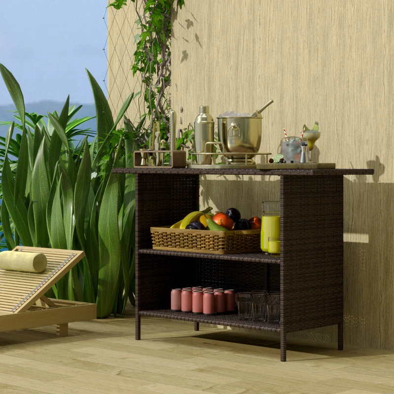 Outsunny Wicker Outdoor Bar Table, PE Rattan Bar Height Patio Table with 2 Shelves, Steel Frame for Garden, Backyard, Dark Brown