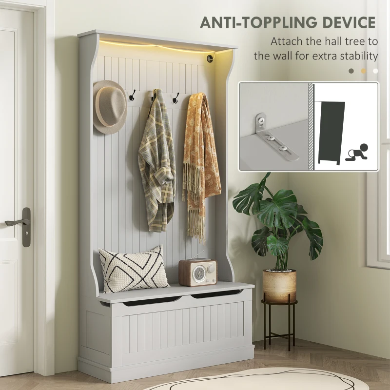 HOMCOM 3-In-1 Entryway Bench with LED Lights and Coat Rack, Hall Tree with Bench and Shoe Storage, 5 Hooks for Hallway Gray