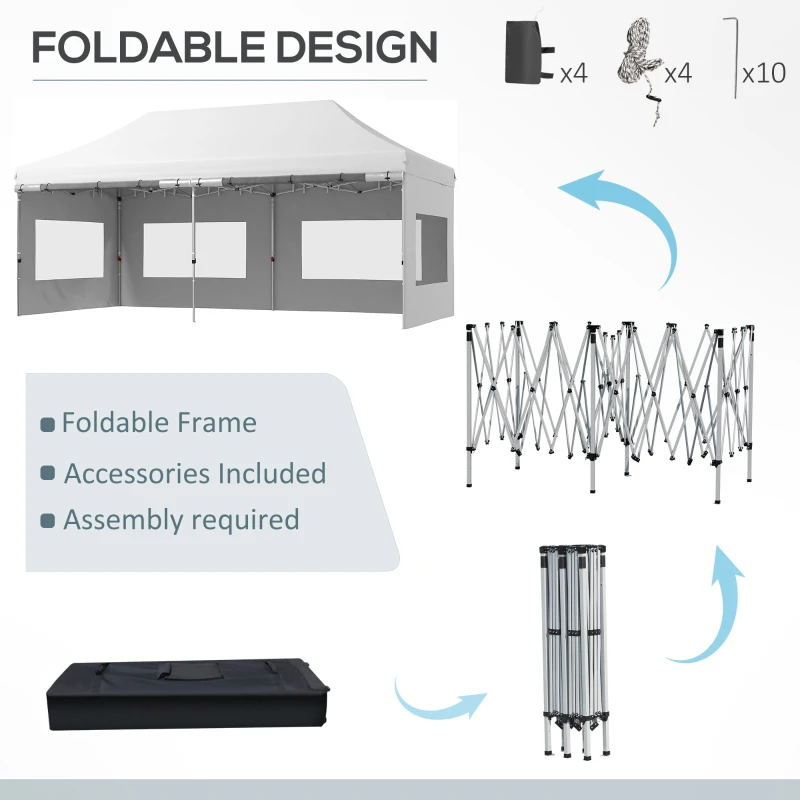 Outsunny 20' x 10' Folding Pop Up Canopy Tent with Sidewalls,  Windows, Weight Bags and Carrying Bag, White
