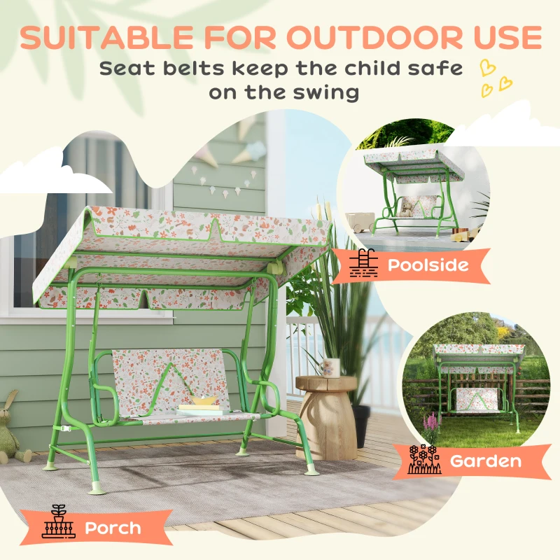 Qaba Kids Patio Swing Chair with Adjustable Canopy, Safety Belt for Patio, Garden, Poolside, Balcony, Green