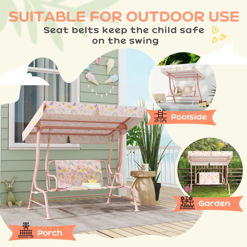 Qaba Kids Patio Swing Chair with Adjustable Canopy, Safety Belt for Patio, Garden, Poolside, Balcony, Pink