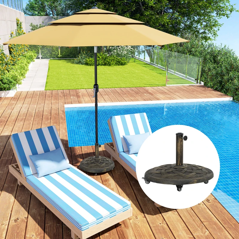 Outsunny Round Patio Umbrella Base with Wheels, 44 lbs Resin Umbrella Stand Base, Heavy Duty Patio Umbrella Holder for 1.3"/1.5"/1.9" Umbrella Poles for Outdoor, Lawn, Poolside, Bronze