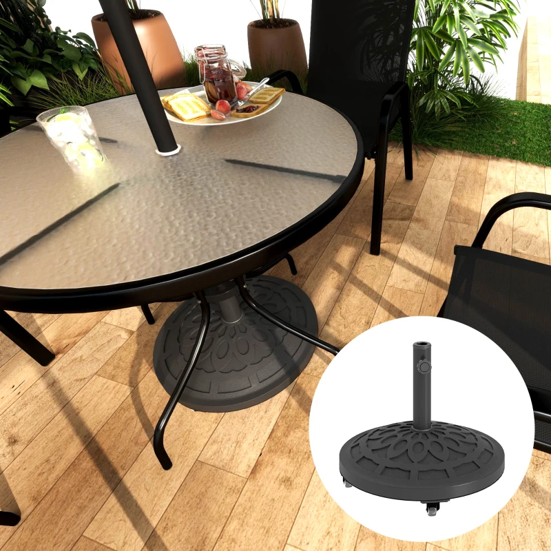 Outsunny Round Patio Umbrella Base with Wheels, 46 lbs Resin Umbrella Stand Base, Heavy Duty Patio Umbrella Holder for 1.3"/1.5"/1.9" Umbrella Poles for Outdoor, Lawn, Poolside, Black