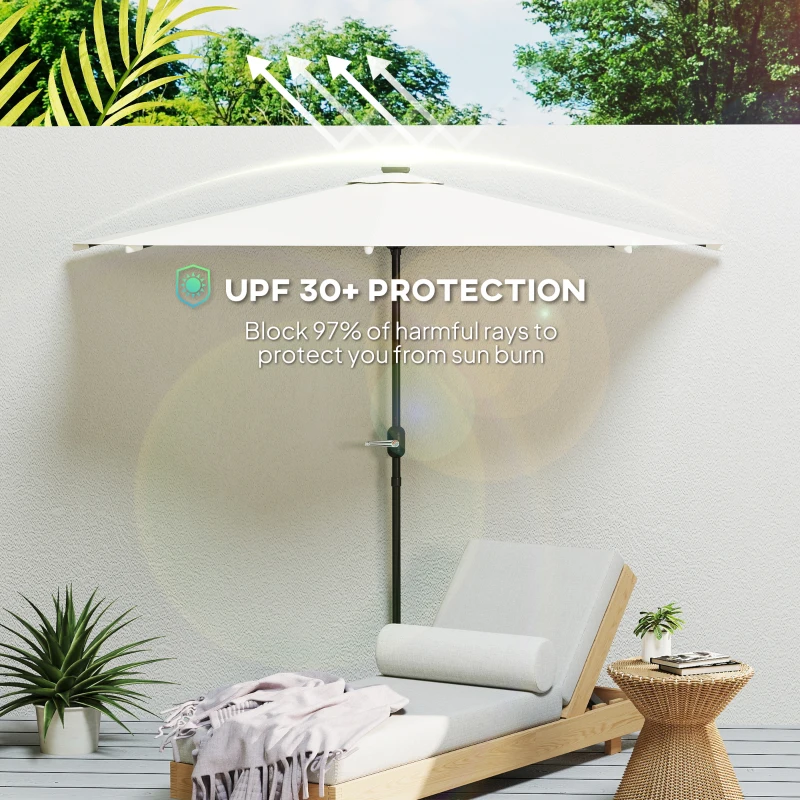 Outsunny Half Outdoor Patio Umbrella, UPF 30+ Small Vented Half Patio Umbrella with Crank 8 Ribs for Balcony Porch Garden Deck Poolside, Cream White