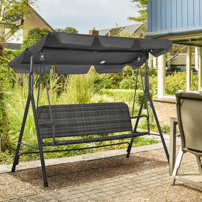 Outsunny 3 Seater Rattan Outdoor Patio Swing with Adjustable Canopy and Stand for Garden Porck Backyard, Grey
