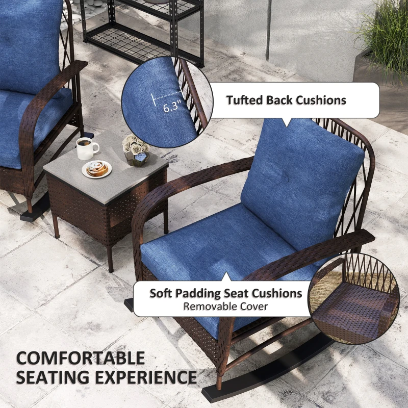 Outsunny 3 Piece Wicker Patio Furniture Set, Outdoor PE Rattan Rocking Chairs with Coffee Table, Cushions for Porch, Brown