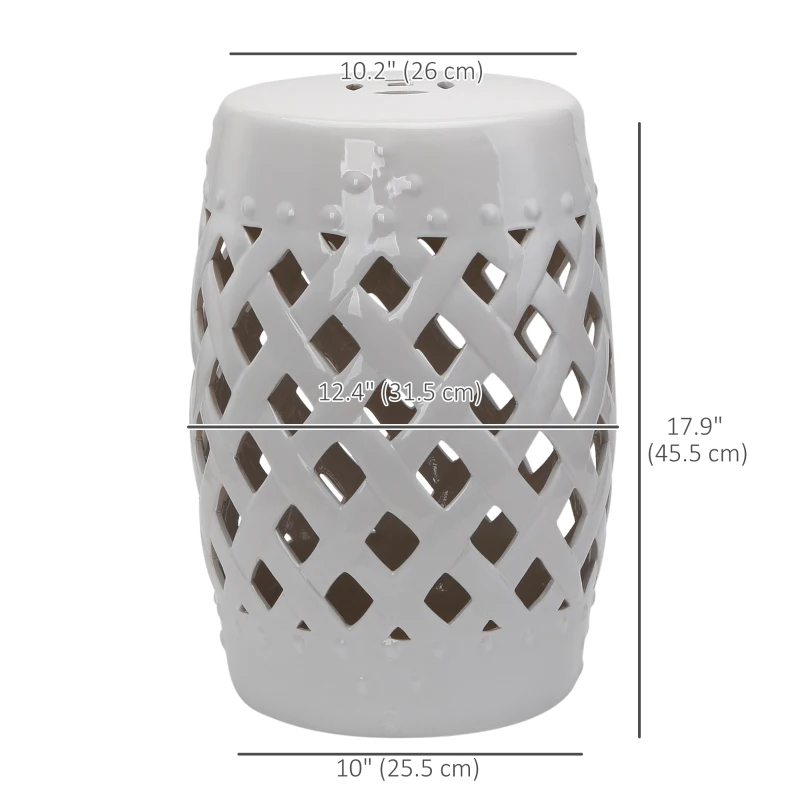 Outsunny 18" Ceramic Garden Stool with Woven Lattice Design, Indoor & Outdoor Decorative Accent Stool, White