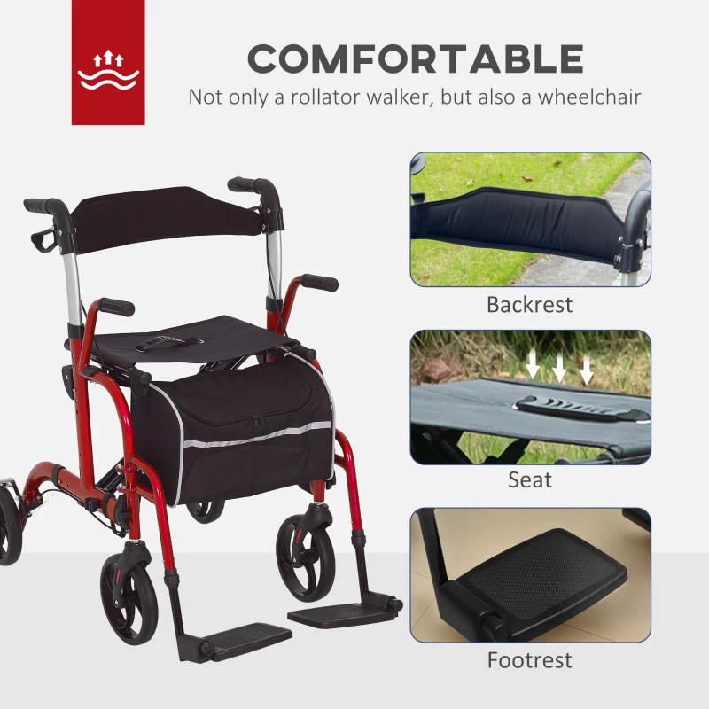 HOMCOM Rollator Walker with Seat, Folding Rolling Walker with 8" Wheels, Walker for Seniors with Adjustable Height, Red