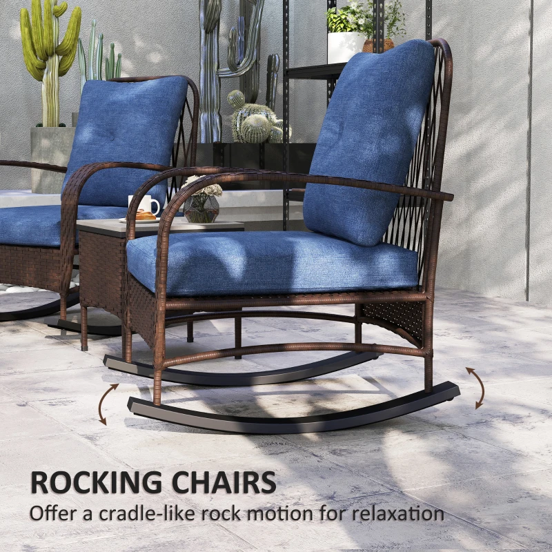 Outsunny 3 Piece Wicker Patio Furniture Set, Outdoor PE Rattan Rocking Chairs with Coffee Table, Cushions for Porch, Brown