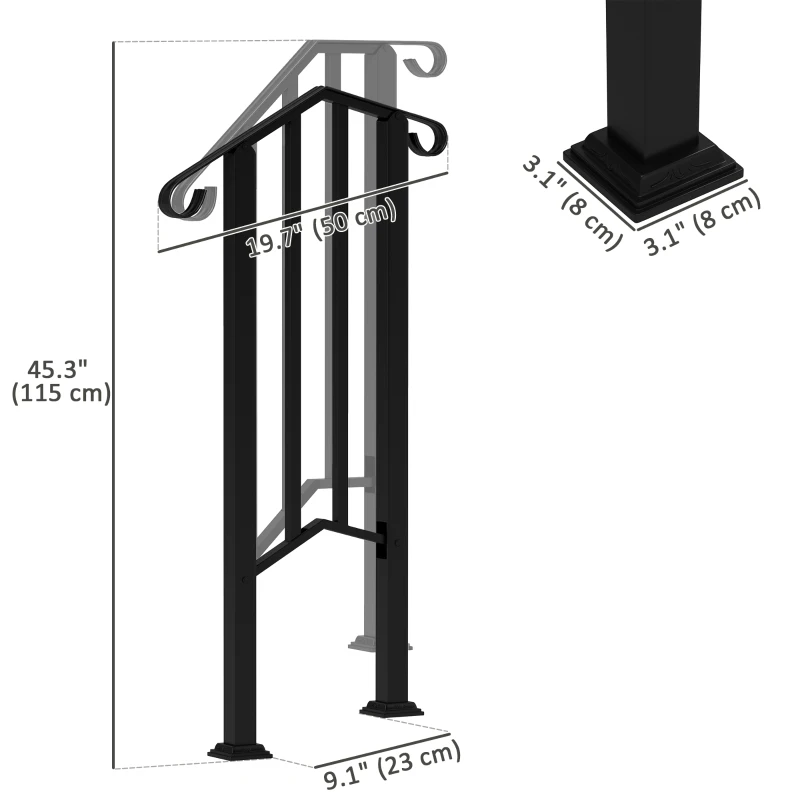 Outsunny 1-2 Step Handrails for Outdoor Steps, Metal Outdoor Stair Railing, Porch Deck Railing with Installation Kit, Black