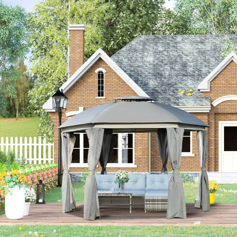 Outsunny 12' x 12' Round Outdoor Gazebo, Patio Dome Gazebo Canopy Shelter with Double Roof, Netting Sidewalls and Curtains, Zippered Doors, Strong Steel Frame, Gray