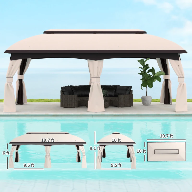 Outsunny 10' x 20' Patio Gazebo, Outdoor Gazebo Canopy Shelter with Netting, Vented Roof for Garden, Beige