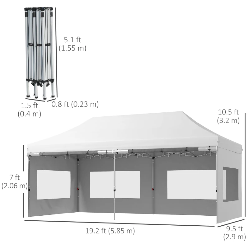 Outsunny 20' x 10' Folding Pop Up Canopy Tent with Sidewalls,  Windows, Weight Bags and Carrying Bag, White