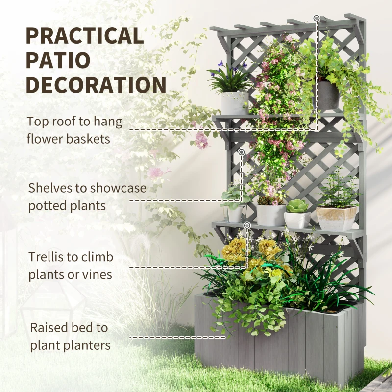 Outsunny Raised Garden Bed, Wooden Planter with Trellis, Hanging Roof, Plant Shelf, Drainage Holes and Bed Liner, Grey