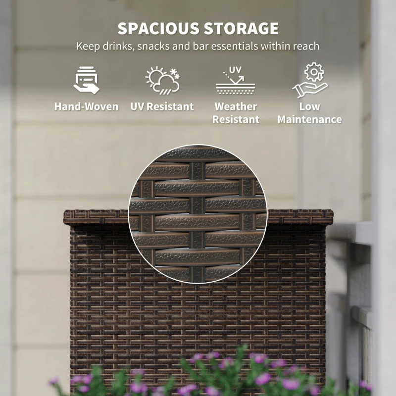 Outsunny Wicker Outdoor Bar Table, PE Rattan Bar Height Patio Table with 2 Shelves, Steel Frame for Garden, Backyard, Dark Brown