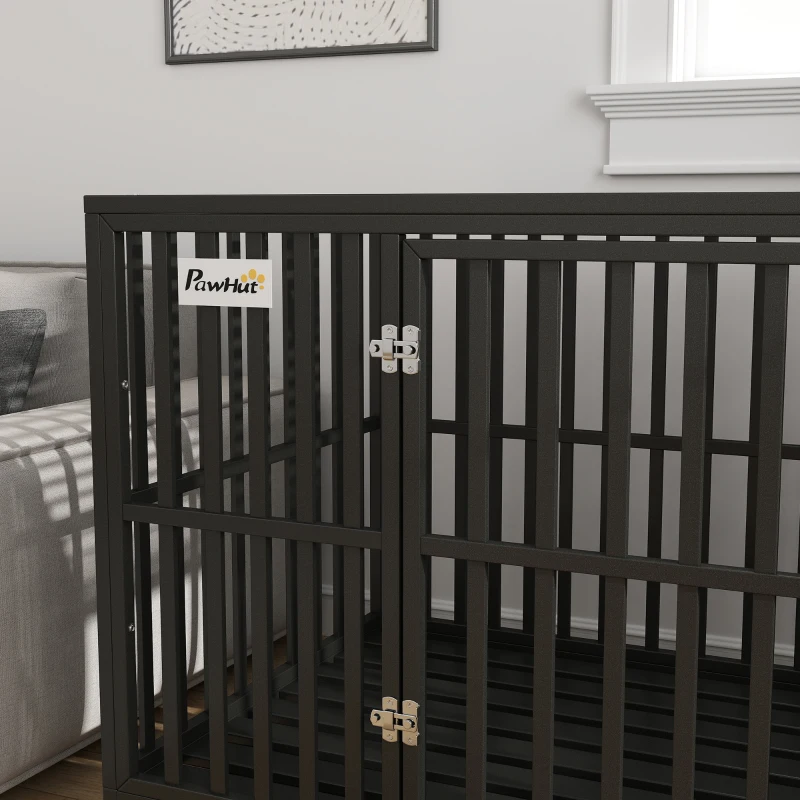 PawHut 49" Heavy Duty Steel Dog Crate Kennel Pet Cage with Wheels for Convenient Access Anti-Pinching Floor, Black