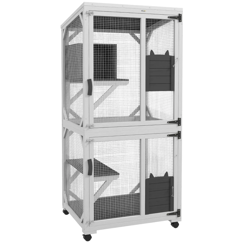 PawHut Catio Outdoor, Elevated Design, with Wheels, Resting Box, Water-Resistant, Multi Platforms, White & Grey