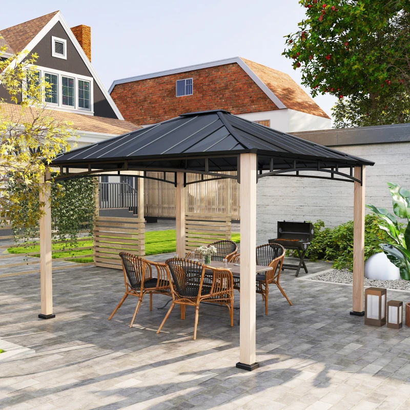 Outsunny 10' x 12' Hardtop Gazebo with Metal Roof, Wood Grain Frame Outdoor Gazebo Canopy for Patio, Garden, Backyard, Lawn
