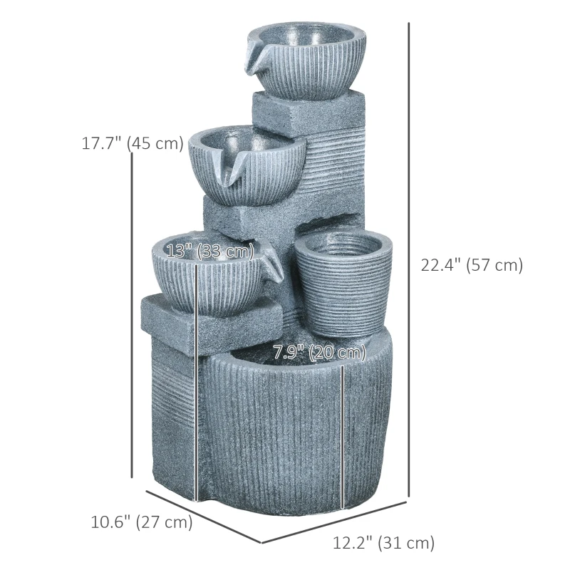 Outsunny Solar Powered Outdoor Water Fountain, 4-Tier Floor Standing Resin Cascading Bowls Waterfall Fountain with LED Lights