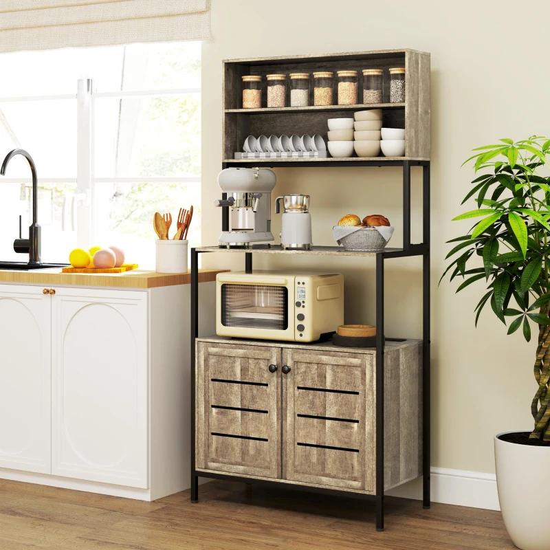 HOMCOM Baker's Rack with Power Outlet and Storage Shelves, Microwave Stand with Louvred Door Cabinets, Gray Wood Grain