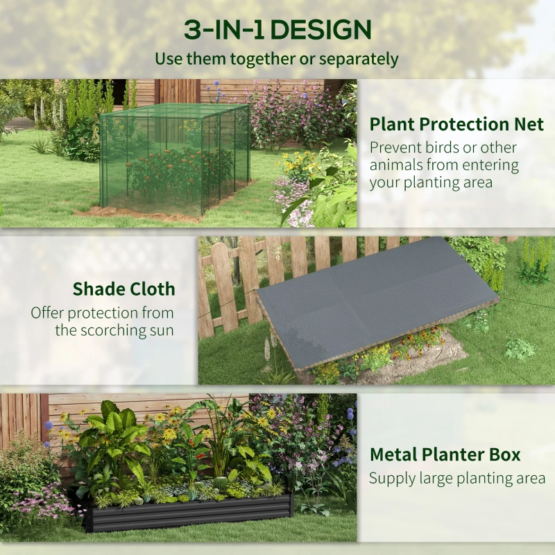 Outsunny Galvanized Steel Planter Box with Crop Cage and Shade Cloth, Raised Garden Bed for Flowers, Veggies and Herbs, Gray