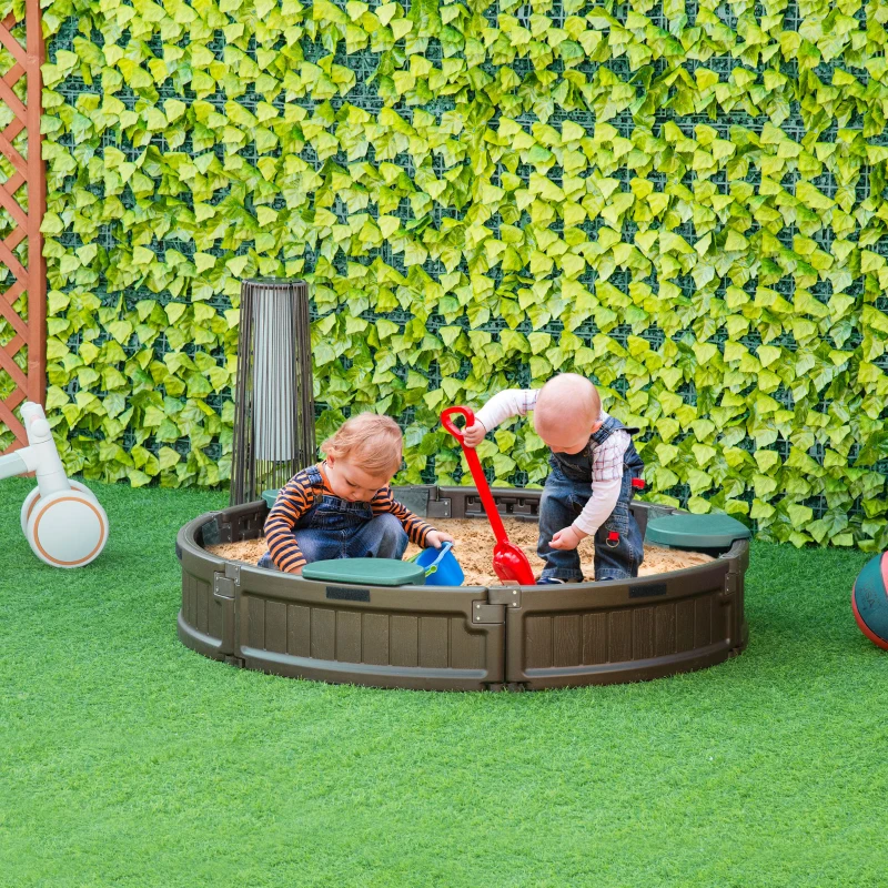 Outsunny Kids Outdoor Sandbox with Cover Garden Bed Sand Pit, Easy Assembly Children's Round Sandbox for Backyard, Brown, 48.5" x 48.5" x 8.75"