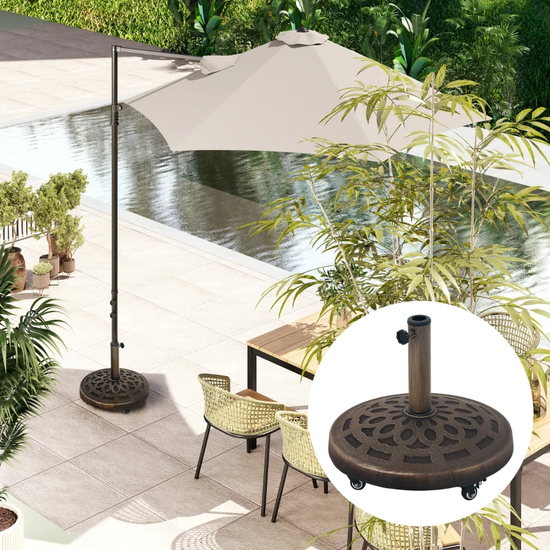 Outsunny Round Patio Umbrella Base with Wheels, 46 lbs Resin Umbrella Stand Base, Heavy Duty Patio Umbrella Holder for 1.3"/1.5"/1.9" Umbrella Poles for Outdoor, Lawn, Poolside, Bronze