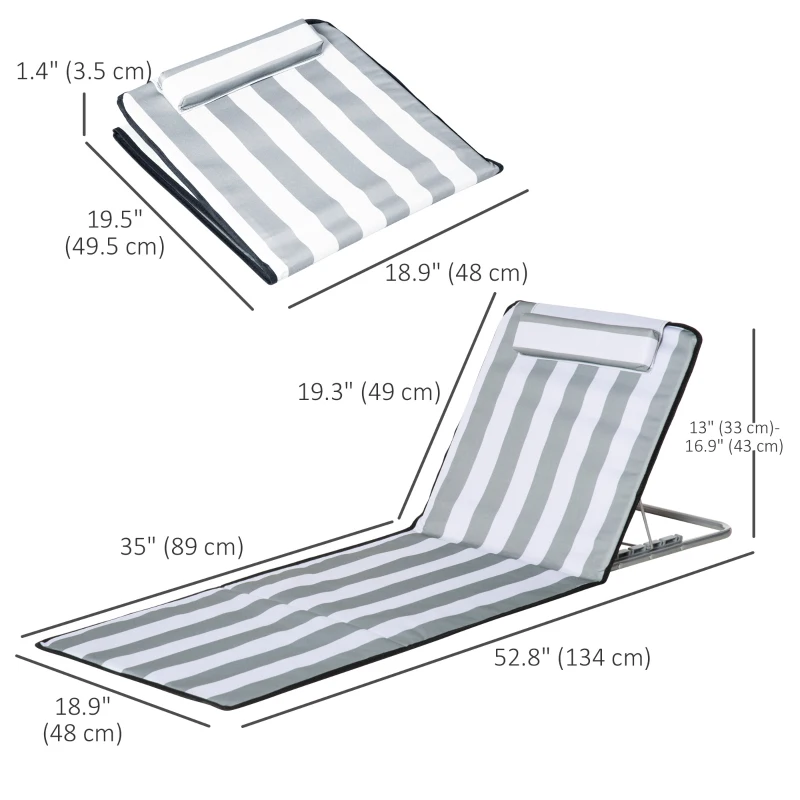 Outsunny 2 Pieces Beach Lounge Chair, Outdoor Folding Chaise Lounge Set w/ Pillow for Sunbath, Snap, Light Grey and White