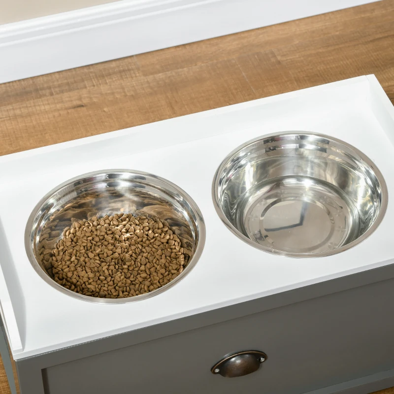 PawHut Large Elevated Dog Bowls with Storage Drawer, Raised Pet Feeding Station with 2 Stainless Steel Bowls, Grey