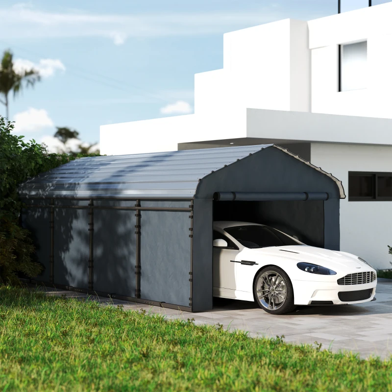 Outsunny 12' x 20' Metal Carport, Heavy Duty Garage Car Canopy with Galvanized Metal Roof and Removable Sidewalls, Dark Gray
