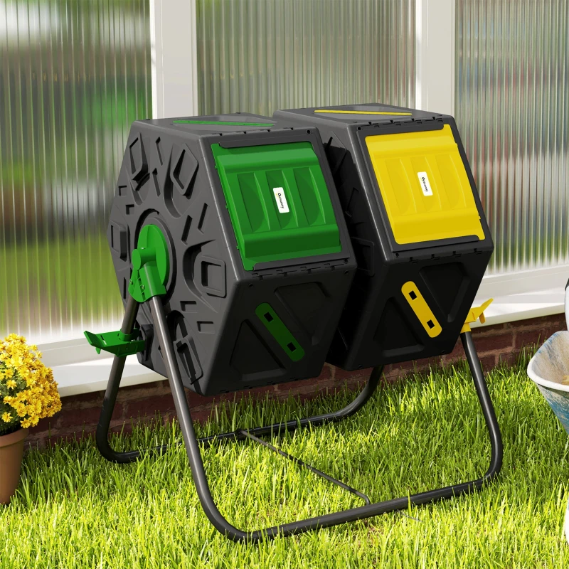 Outsunny Rotating Composter, Dual Chamber Compost Bin with 24 Vents and Steel Legs, 34.5 Gallon, Yellow and Green