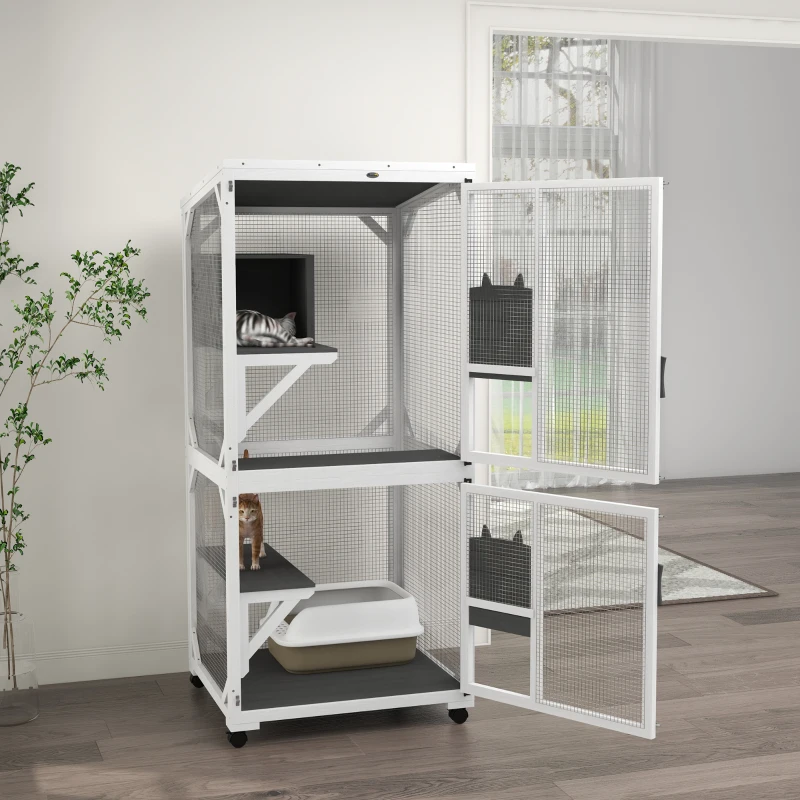 PawHut Catio Outdoor, Elevated Design, with Wheels, Resting Box, Water-Resistant, Multi Platforms, White & Grey