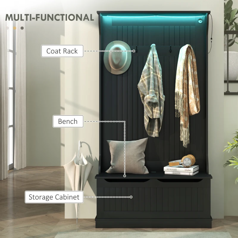 HOMCOM 3-In-1 Entryway Bench with LED Lights and Coat Rack, Hall Tree with Bench and Shoe Storage, 5 Hooks for Hallway Black