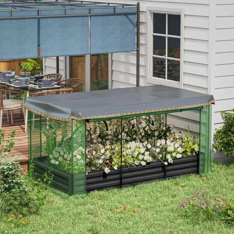 Outsunny Galvanized Steel Planter Box with Crop Cage and Shade Cloth, Raised Garden Bed for Flowers, Veggies and Herbs, Gray