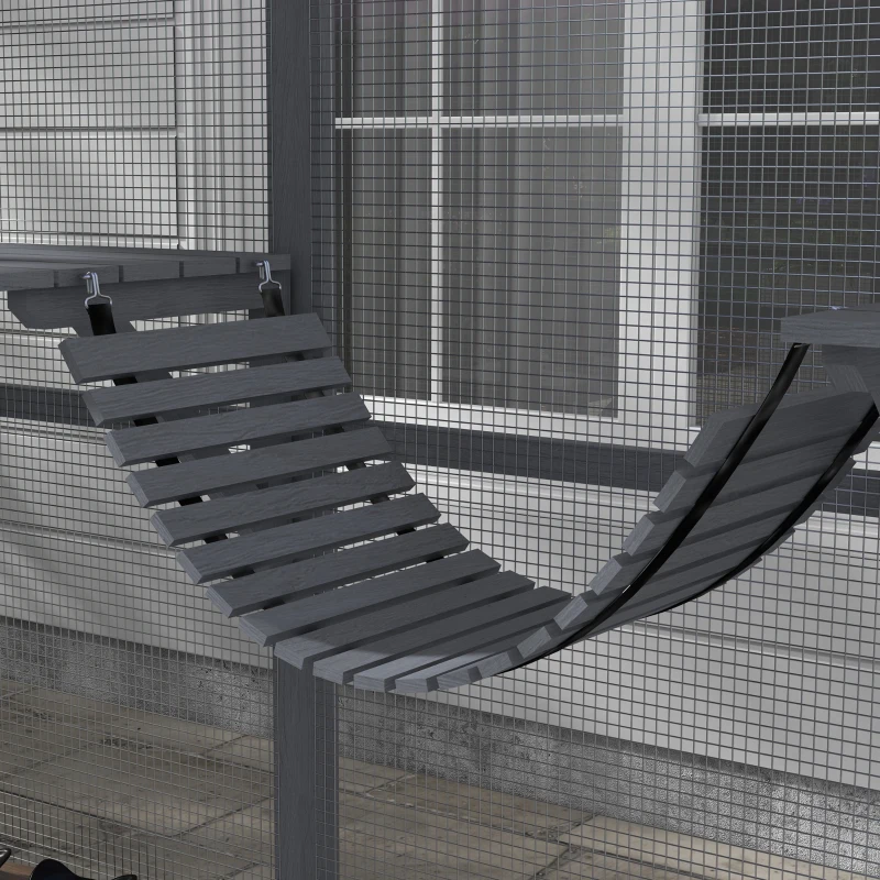 PawHut Wooden Catio Outdoor Cat Enclosure with Waterproof Cover, 2 Condos, 4 Platforms, Bridge, Doors, Gray