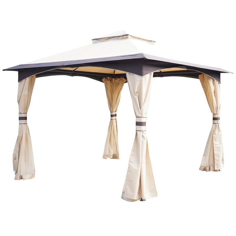 Outsunny 10' x 10' Outdoor Gazebo with Netting and Curtains, Patio Gazebo Canopy with 2-Tier Soft Top Roof and Steel Frame for Lawn, Garden, Backyard and Deck
