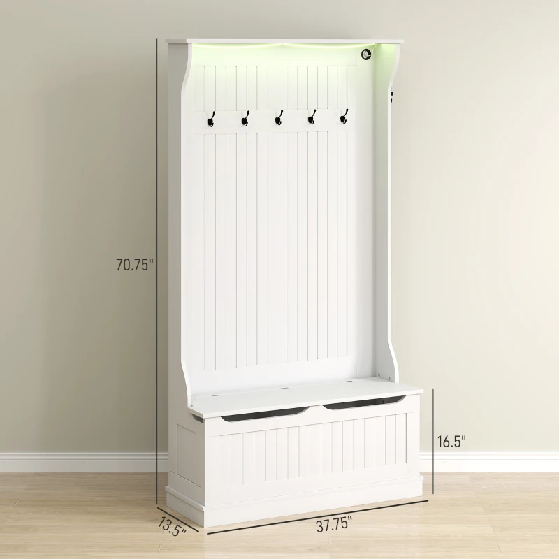 HOMCOM 3-In-1 Entryway Bench with LED Lights and Coat Rack, Hall Tree with Bench and Shoe Storage, 5 Hooks for Hallway White