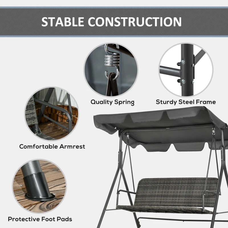 Outsunny 3 Seater Rattan Outdoor Patio Swing with Adjustable Canopy and Stand for Garden Porck Backyard, Grey