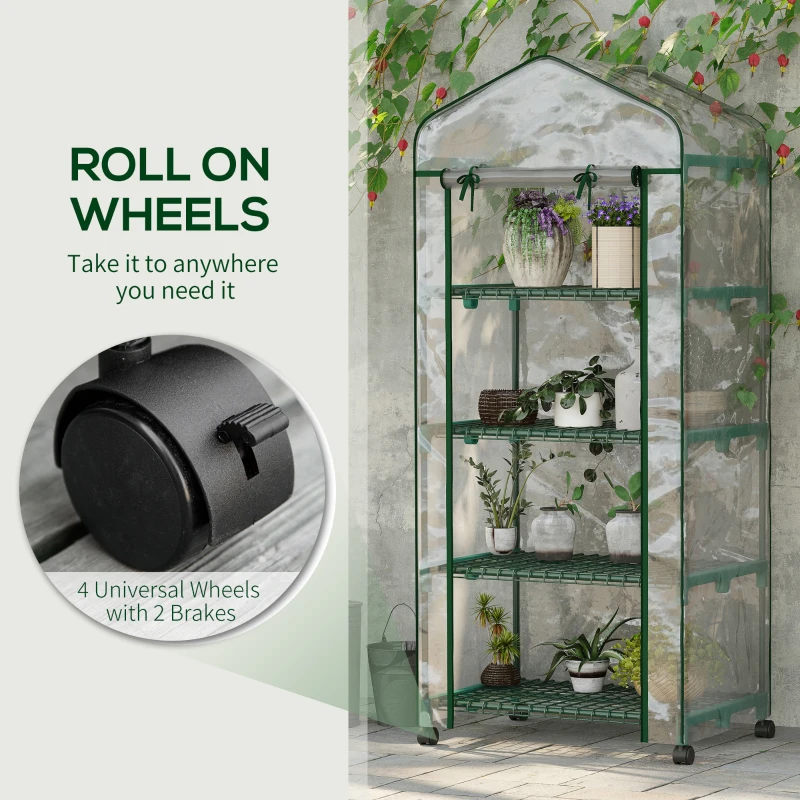 Outsunny 27" x 20" x 65" Portable Greenhouse with 4 Tier Shelves and Wheels, Outdoor Hot House Plant Flower Greenhouse, Steel Frame, Plastic Cover, Clear