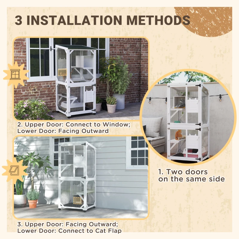PawHut Catio Outdoor, Elevated Design, with Wheels, Resting Box, Water-Resistant, Multi Platforms, White