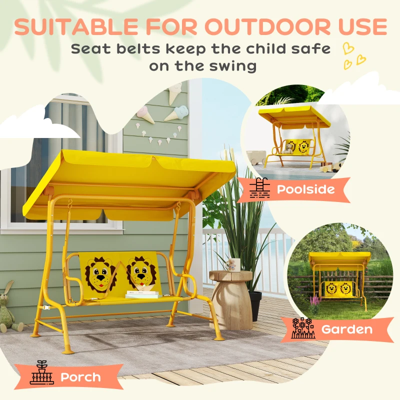 Qaba Kids Patio Swing Chair with Adjustable Canopy, Safety Belt for Patio, Garden, Poolside, Balcony, Yellow