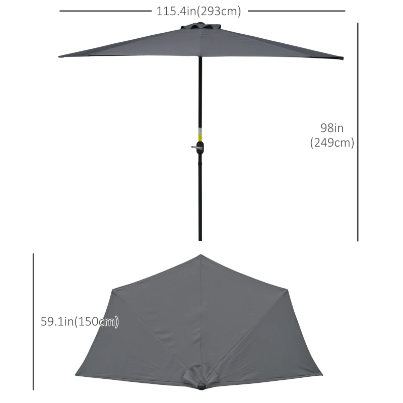 Outsunny 9.8ft Half Umbrella Semi Round Patio Parasol with Crank Handle, Top Vent for Garden, Balcony- NO BASE INCLUDED, Grey