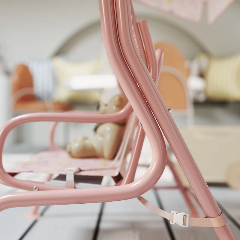 Qaba Kids Patio Swing Chair with Adjustable Canopy, Safety Belt for Patio, Garden, Poolside, Balcony, Pink