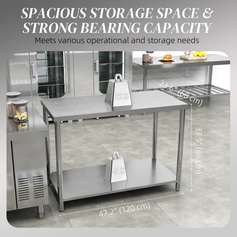 HOMCOM Stainless Steel Workbench, 24"x47"x34", Heavy Duty Work Prep Table with Shelf, Workbench for Kitchen, Garage