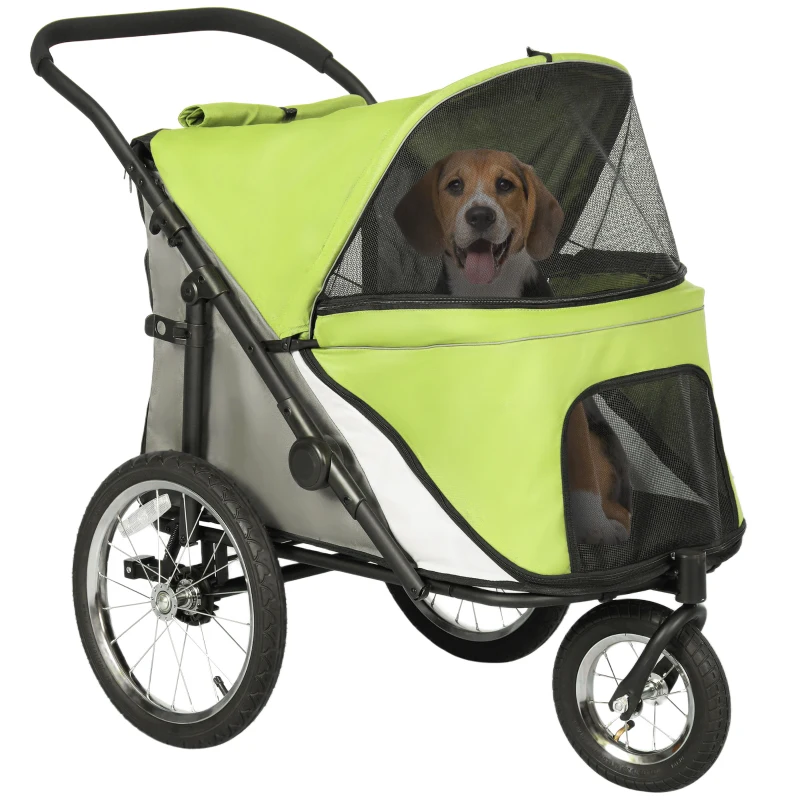 PawHut 3 Wheels Dog Stroller w/ One-Hand Fold, Rubber Wheels, Storage Bag, Soft Cushion for Small & Medium Dogs Yellowish Green