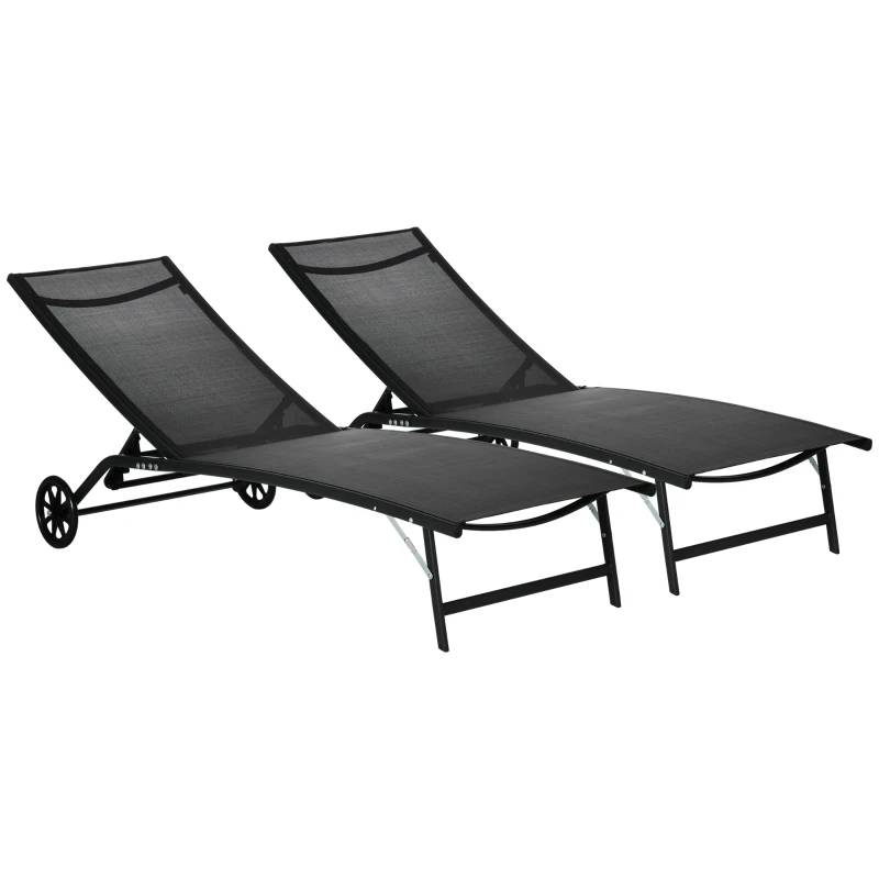 Outsunny 2PCs Lounge Chairs with Wheels, 5-Level Adjustable Backrest for Garden, Backyard, Patio, Deck, Poolside, White