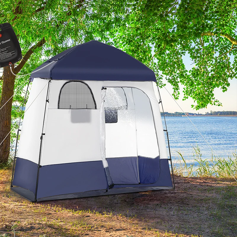Outsunny Two Room Pop Up Shower Tent with Shower Bag, Floor and Carry Bag, Blue