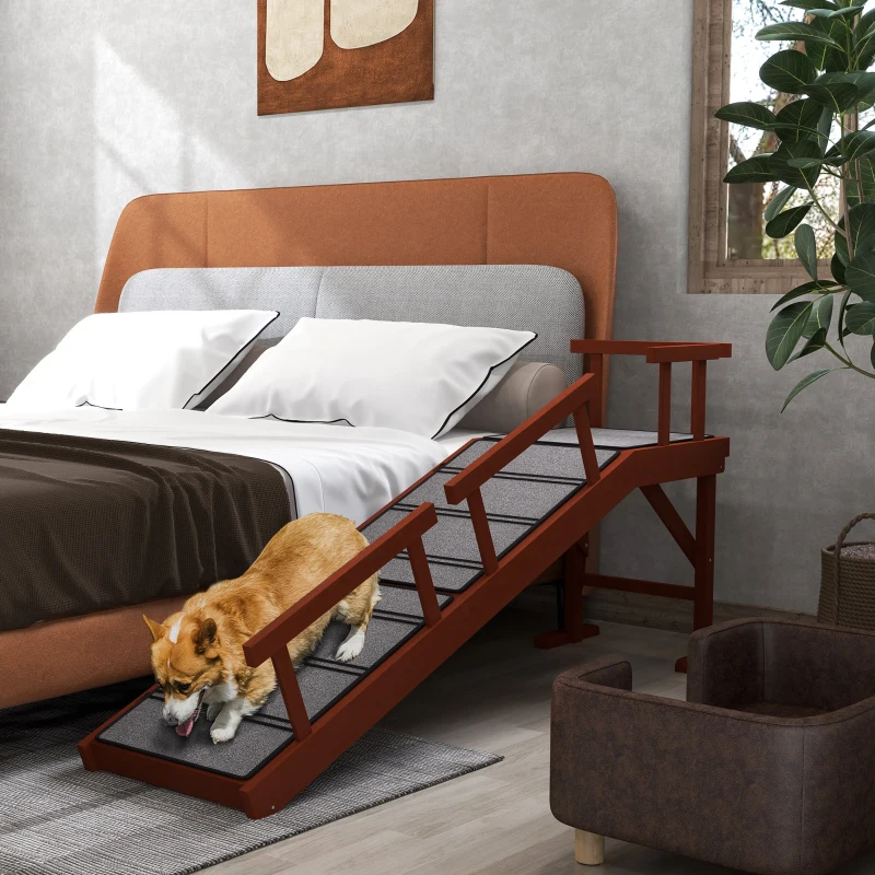 PawHut Wooden Dog Ramp for Large Dogs, 60" Long, with Non-slip Rug, Removable Guardrails for Couch, Bed, Brown